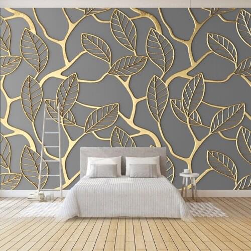 Custom Any Size Wall Cloth 3D Gold Three-dimensional Embossed Leaves Mural Living Room Bedroom Decoration Wall Paper Roll Fresco