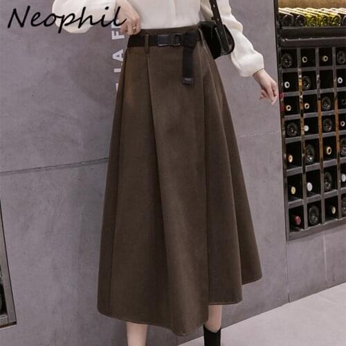 Neophil Sarong Woolen Black Midi Skirts Women New 2021 Winter High Waist With Belt Runched Female Big Swing Elegant Skirt S21822