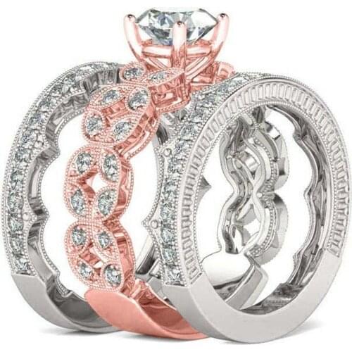 2021 New 3 Pcs/Set Trendy Double Color Wedding Rings For Women White Zircon Female Bride Jewelry Engagement Party Valentine Gift