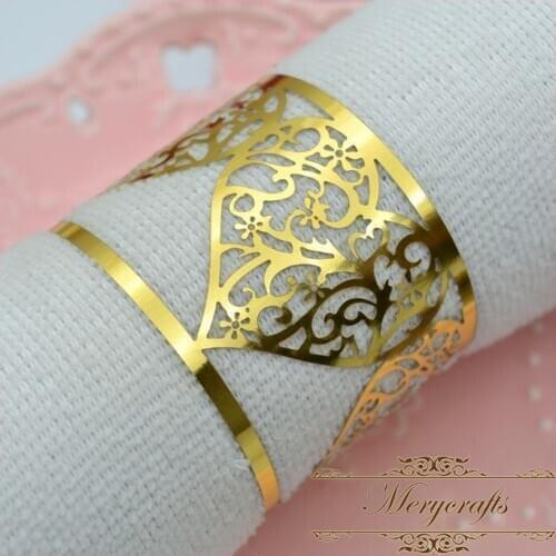 NR03 Wonderful Fancy Design Unique Big Delicate Hearts Carved Pattern Golden Paper Party Decorations Laser Cut Napkin Ring