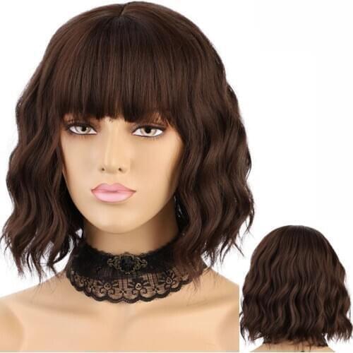 Short Wave Human Hair Wigs with Bangs Glueless Brazilian Wavy Scalp Top Wig 150% Density Brown 4# Natural Wave Machine Made Wig