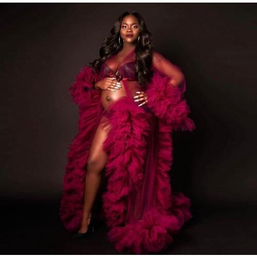 Sexy Fuchsia Tulle Pregnant Woman Dresses To Photo-shoot See Thru Long Tulle Robe Ruffles Long Puff Sleeves Vestidos