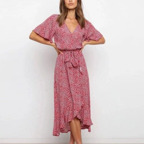 Crushed Flower Printd Dresses For Women Summer Elegant V-Neck Short Sleeve Ruffles Open Fork Hem Summer Dresses Traf-Robe Femme