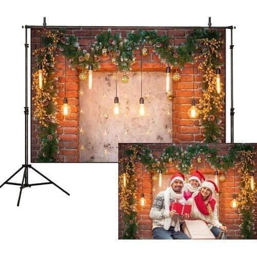 Christmas Glitter Brick Wall Backdrop Lights Wreath Photography Background Family Party Decoration Banner Photo Studio BoothB507