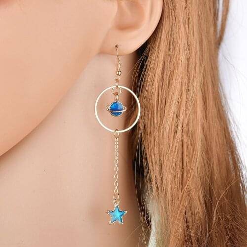 New Korea Style Asymmetrical Fresh Enamel Blue Star Moon Planet Circle Clip on Earrings Non Pierced for Girl Women Party Gift