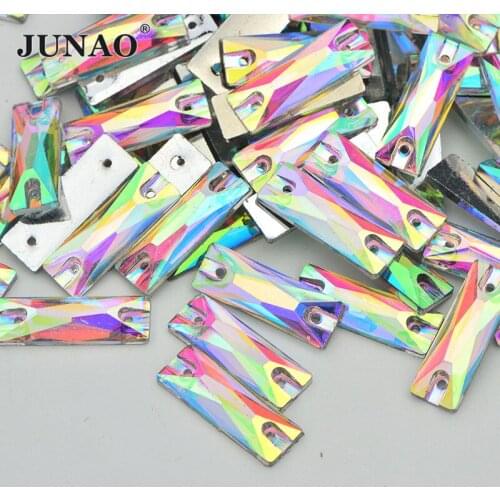 JUNAO 50Pcs 7x21mm Bling Sewing Crystal AB Rectangle Rhinestones Strass Flatback Resin Crystal Sew On Stones For Dress Making