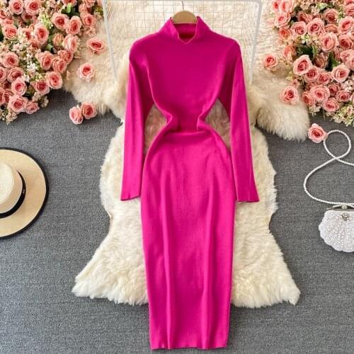 Turtleneck Knit Bodycon Dress for Women 2021 New Autumn Long Sleeve Midi Dress Solid Slim Fit Elastic Casual Ladies Basic Dress
