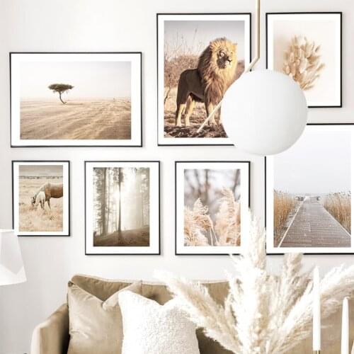 Reed Grass Plant Bridge Lion Bird Forest Wall Art Canvas Painting Nordic Posters And Prints Wall Pictures For Living Room Decor