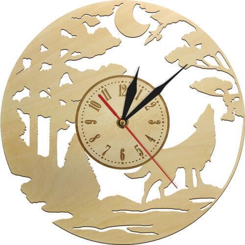 Howling Wolf at Moon Wall Art Decor Wooden Wall Clock Watch Quiet Sweep Quartz Wall Clock Wildlife Forest Wolf Wall Sign Watch