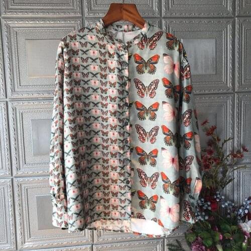 Chic Womens loose lantern sleeves Shirts High quality womens O-neck butterfly print Shirt tops C385