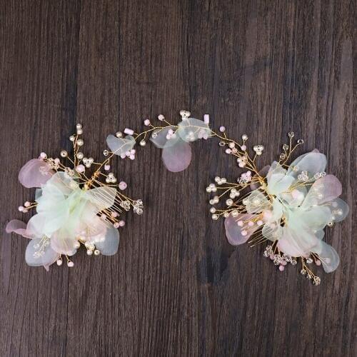 Gold Hair Jewelry Pearl Pink Crystal Hair Comb Flower Yarn Bride Tiara Headband Handmade Hairband Women Wedding Hair Accessories