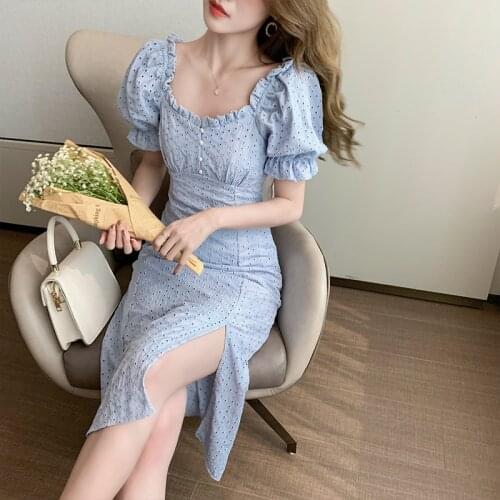 Women Korean Dress Fashion One Piece Summer 2021 Office Lady Cotton Linen Short Sleeve Embroidery High Waist Dresses Robe Traf