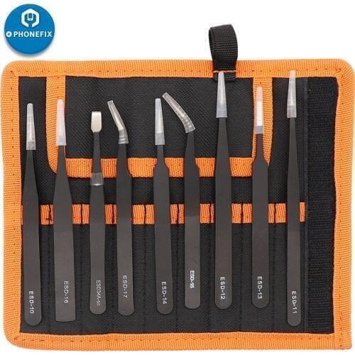 10Pcs Anti-static ESD Stainless Steel Tweezers Multifunction Industrial Precision Curved Straight Tweezer Electronics Tool Kit