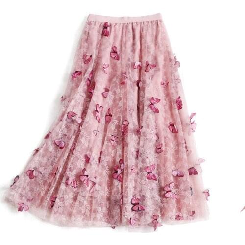 2021 three-dimensional custom butterfly sequins dark flash lace mesh elastic waist A-line bust new product long brown skirt