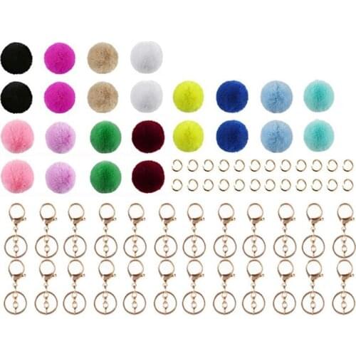 72Pcs DIY Pom Poms Keychains,Faux Rabbit Fur Ball Pompoms Keyring with 24Pcs Lobster Clasp Keyring,Jump Ring and Pompoms
