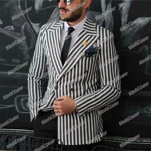Summer 1 Pieces Pinstripe Suits Jackets Mens Blazer Masculino Double Breasted Outfit Coat Slim Fit Tuxedos Costume Homme Mariage