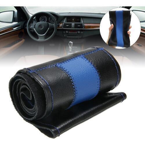 1PC Black+Blue DIY Car Steering Wheel Cover Genuine Leather Covering 38cm W/ Needles Thread For Auto Decorative Accessories