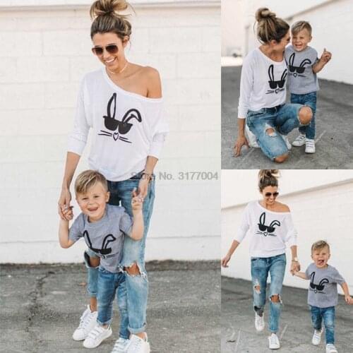 DHL 100pcs Mother Kids Family Matching T-shirt Tops Casual Outfits Rabit Printed Clothes