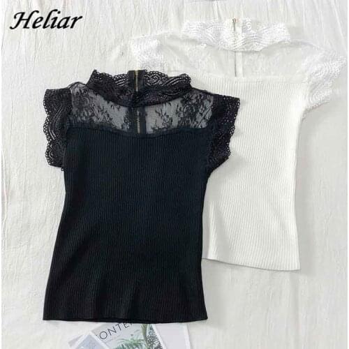 HELIAR Women Lace Top Zipper T-shirt Transparent Tops Ruffled Tshirt Summer Short Sleeve Hallow Out Camiseta Feminina TEE