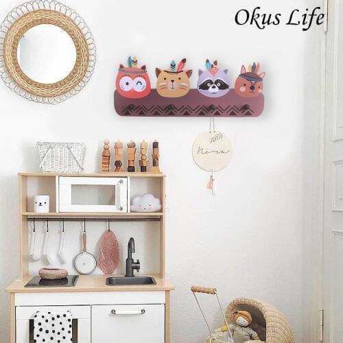 Ins Lovely Cartoon Animal Wooden Hook Clothes Handbag Hanger Coat Hook Cute Wall Hanging Childrens Room Home Decor Accessories