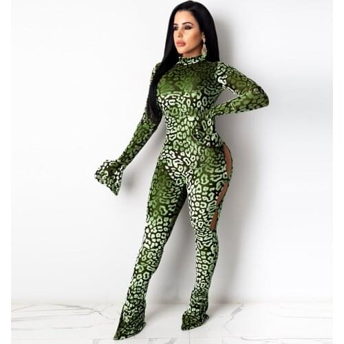 Gradient Leopard Print Skinny Jumpsuit for Women Sexy Body-shaping Flare Long Sleeve Romper Vintage Female Cut Out Club Outfit