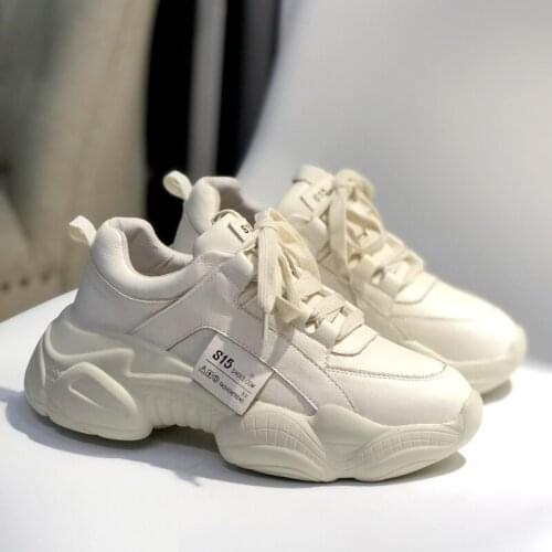 New White Leather Sneakers Women Autumn Fashion Comfortable Round Toe Thick-soled Sports Lace-up Non-slip Casual Womens Shoes