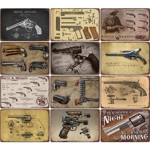 Retro Gun Metal Tin Signs Pistol Poster Shabby Chic Wall Art Plaque Coffee Bar Pub Club Decoration Home Decor 20x30cm