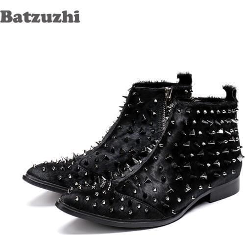 Rock Men Boots Western Knight Boots Black Horse Hair Ankle Boots Men with Silver Rivets Safety Boots Military Spikes Men Botas