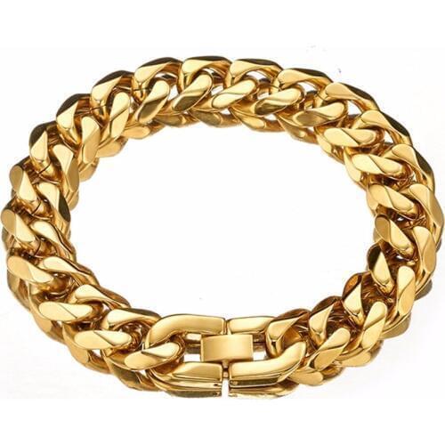 13/15mm Mens Stainless Steel Curb Chain Bracelet 7-10" Gold Color Chunky Wrist Pulseira Masculina Brazil Russian Jewelry