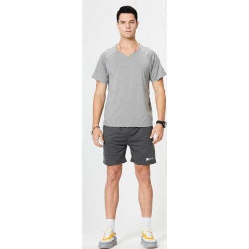 Mens Sportswear Suit Short Sleeved V-Neck Pullover T-Shirt with Short Drawstring Pants Casual Loose Sports Running Suit
