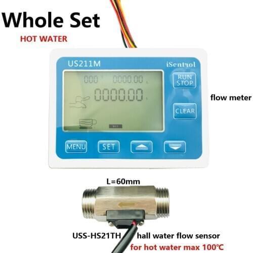 Hot Water Set US211M Digital Water Flow Meter with SUS304 Stainless Steel USS-HS21TH 1-30L/min Hall Water Flow Sensor Reader