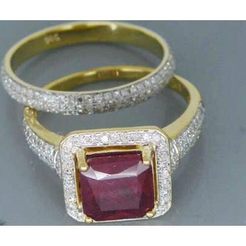 Vintage Ring Sets Ruby Diamond Gold Engagement Rings Solid 14Kt Yellow Gold Jewelry for Women Wedding