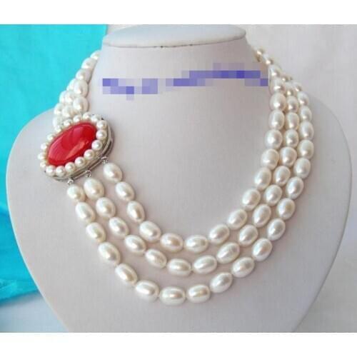 Stunning 3row big 14 mm white baroque rice freshwater pearls necklace