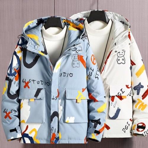 Mens Down Jacket Winter Male Jacket Little Bear Print Letter Hip Hop Mens Thick Loose Down Jacket Clothes Jaqueta Masculina