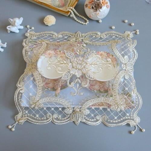 Luxury European Lace Embroidered Beaded Pendant Placemat Coaster Tea Set Wine Glass Cover Party Banquet Decoration Table Mat