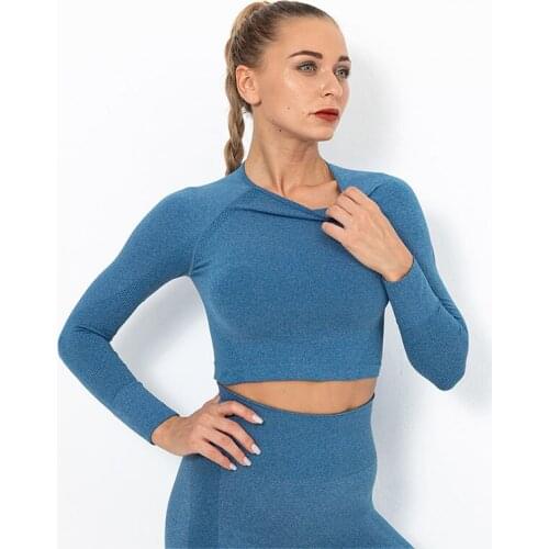 SALSPOR Yoga Long Sleeve Women Fitness Solid Push Up Sports Crop Top Shirts Sports Workout Breathable Athletics Gym Shirt