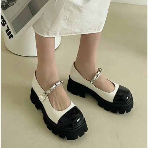 Women Sandals Fashion Platform Increased Loafers Retro Color Block Mary Jane Shoes Patent Leather Round Toe Casual Lolita Shoes