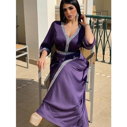 Satin Maxi Dress Jalabiya Women Middle East Diamond V Neck Long Sleeve Tie Waist Muslim Islamic Clothes Abaya Turkey Dubai 2021