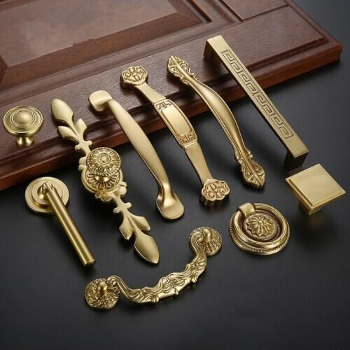 Solid Copper Cabinet Handles Kitchen Cupboard Door Pulls Drawer Knobs European Vintage Brass Gold Furniture Handle Hardware