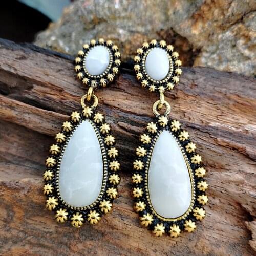 Boho Vintage Ethnic White Moonstone Gold Earrings for Women Luxury Water Drop Opal Statement Dangle Earring India Jewelry 2019