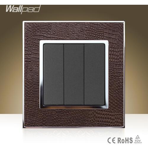 Wallpad Luxury 110V-250V 3 Gang Switch Goats Brown Leather 3 Gang 2 Way Switching Power Supply Button Lamp Switch Free Shipping