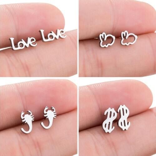 Sasusp 4 Pair Stainless Steel Earrings For Women Love Rabbit Scorpion Dollar Earings Ear Studs For Men Punk Unisex Jewelry