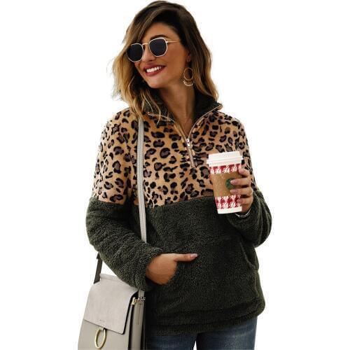 Womens Leopard Faux Fur Sweatshirt Fluffly Pullovers Zipper Long Sleeve Warm Thickening Female Winter Stitching Sweatshirts XL