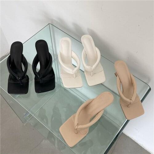 New Stylish Black White Beige Clip Toe PU Female Slippers Footwear Womens Shoes Flip Flops Square Head Beach High Heels Sandals