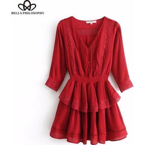 Bella Philosophy 2018 spring women loose wrist dress patchwork lace above knee dress women high waist V Neck cotton mini dress