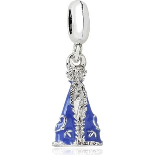 5PCS Blue Enamel Princess Dress Dangle Charms Silver Plated Pendant Bead Fit DIY Necklace Bracelets Fashion Jewelry Making