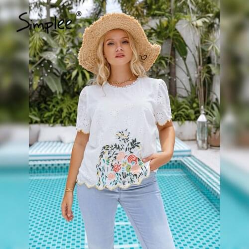 Simplee Casual Emboridery Solid Women Blouses Cotton White Plus Size Female Tops Holiadey O-Neck Ladies Floral Blouses 2021