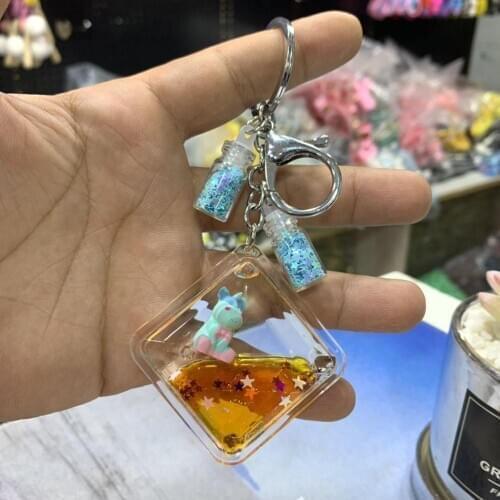 ZiccoWong Creative Liquid Oil Unicorn Keychain Keyring For Women Girl Square Sequins Quicksand Floating Bottle Keychain Gift