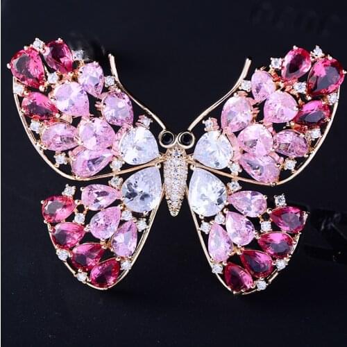 Butterfly Brooch Luxury Pink Zircon Crystal Brooches Pins for Women Wedding Bridal Bouquet Broaches Large Insect Animal Broche