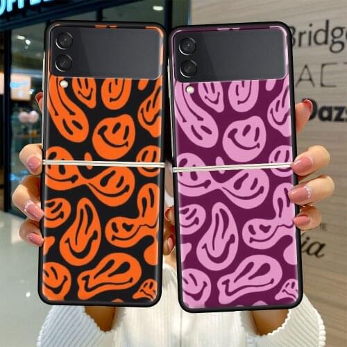Black Hard Case For Samsung Galaxy Z Flip 3 5G Luxury PC Shockproof Phone Cover ZFlip 3 Bumper Fundas Trippy Twisted Smiley Face
